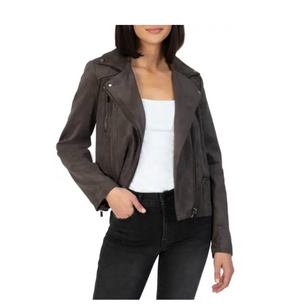 Kut from the Kloth faux suede moto jacket in dark grey / walnut - Picture 2 of 10